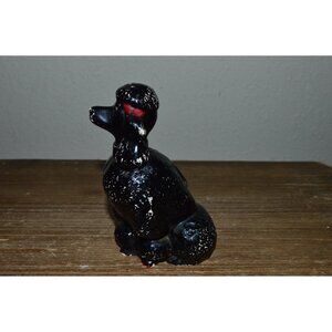 Vintage Black Poodle Dog Figure Red Bow Ceramic Decor MCM Sitting Statue READ